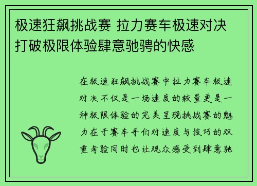 极速狂飙挑战赛 拉力赛车极速对决 打破极限体验肆意驰骋的快感