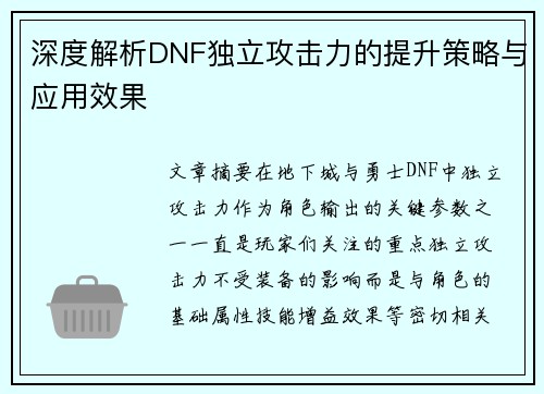 深度解析DNF独立攻击力的提升策略与应用效果